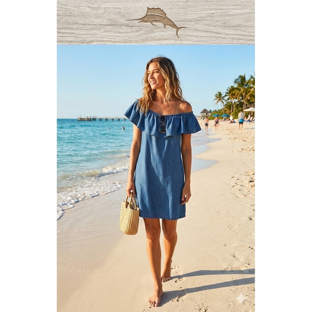 Tommy Bahama Chambray💙 Off Shoulder Dress XS Ruffle Coastal Cowgirl‎ Beach Mini